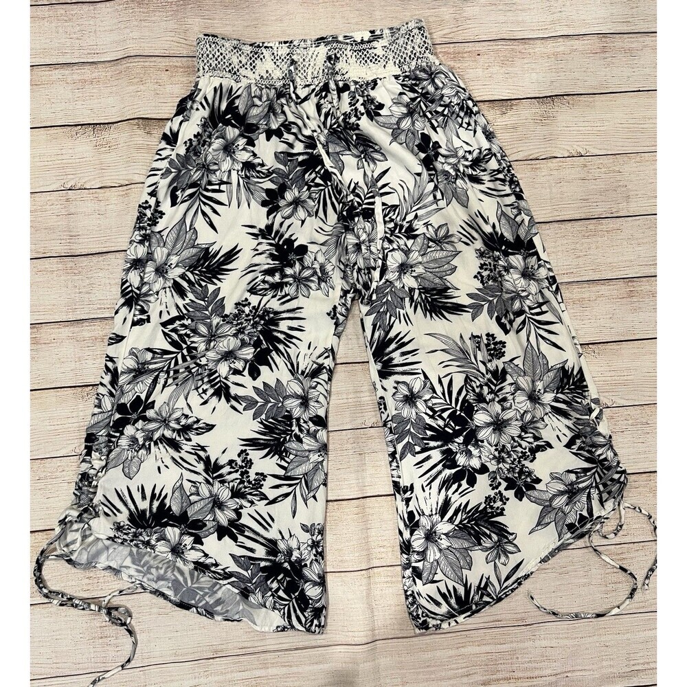 Rewash Floral Tropical Print Blue & White Rayon Wide Leg Crop Pants Size XL